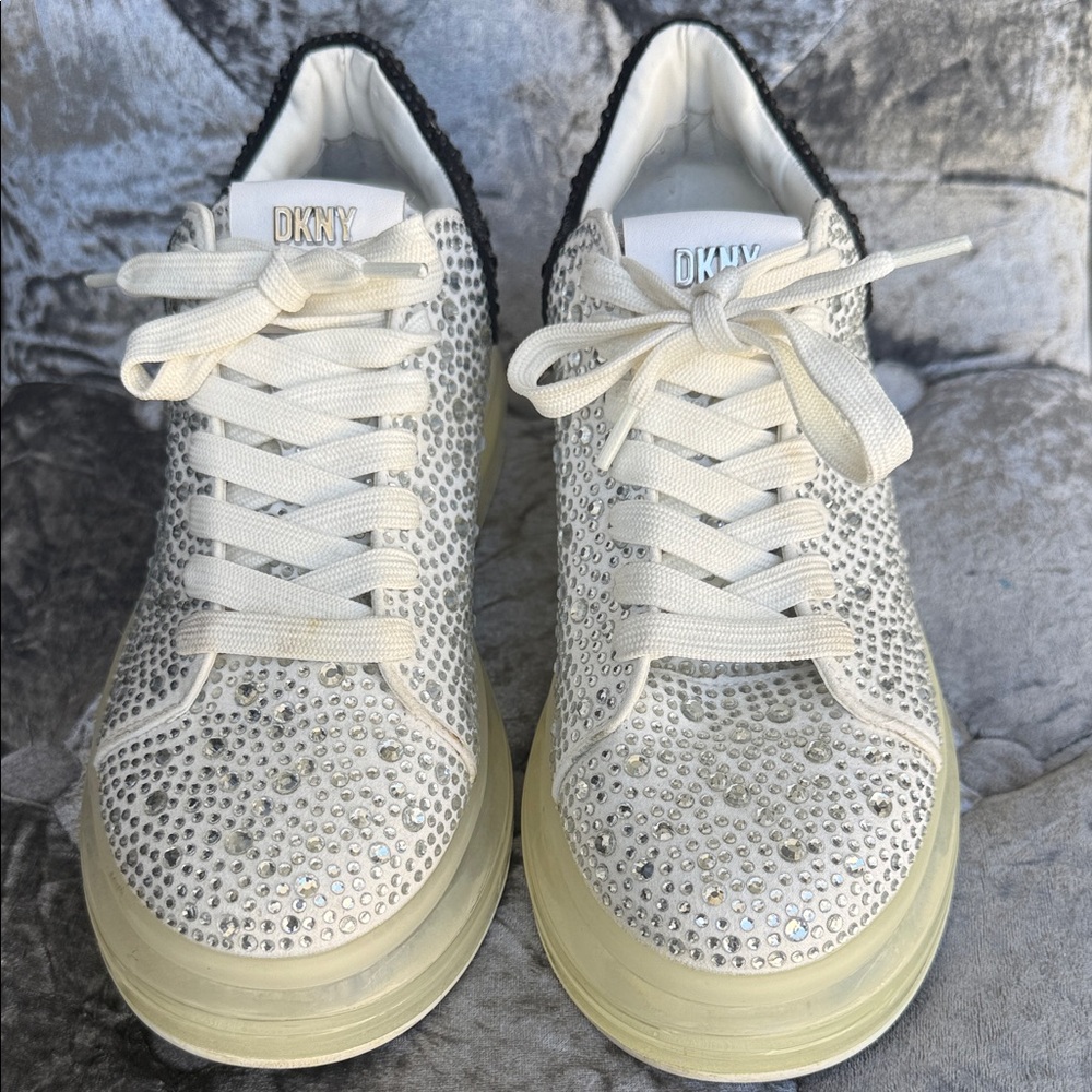DKNY Crystal-Studded White Lace-Up Platform Sneakers